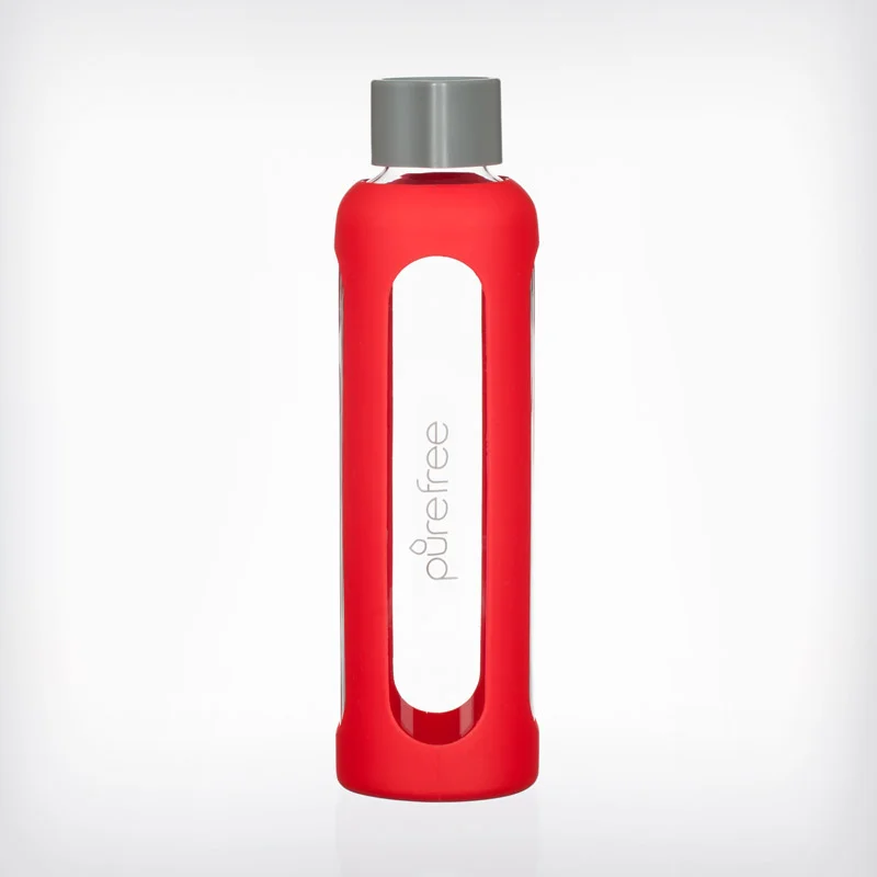 Reusable PureFree Alto glass water bottle. 500ml, with red coloured silicon sleeve. Smooth threadless mouth.