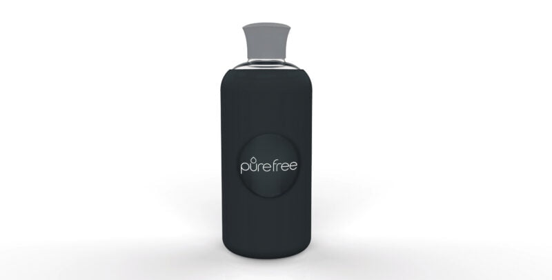 Reusable PureFree Amico glass water bottle. 500ml, with charcoal coloured silicon sleeve and silicon lid. Smooth threadless mouth.