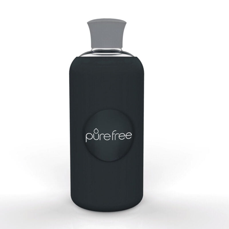 Reusable PureFree Amico glass water bottle. 500ml, with charcoal coloured silicon sleeve and silicon lid. Smooth threadless mouth.