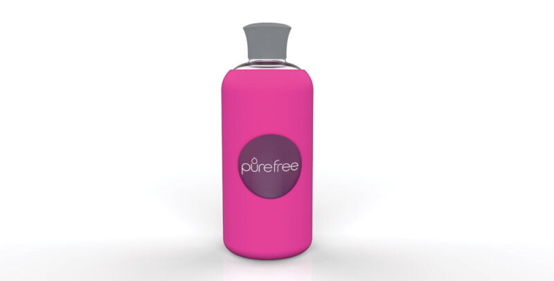 Reusable PureFree Amico glass water bottle. 500ml, with fuchsia coloured silicon sleeve and silicon lid. Smooth threadless mouth.