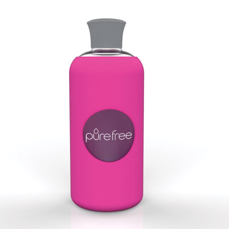 Reusable PureFree Amico glass water bottle. 500ml, with fuchsia coloured silicon sleeve and silicon lid. Smooth threadless mouth.