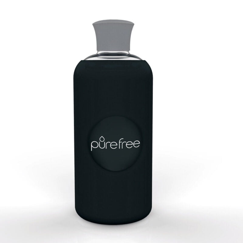 Reusable PureFree Amico glass water bottle. 500ml, with Jet Black coloured silicon sleeve and silicon lid. Smooth threadless mouth.