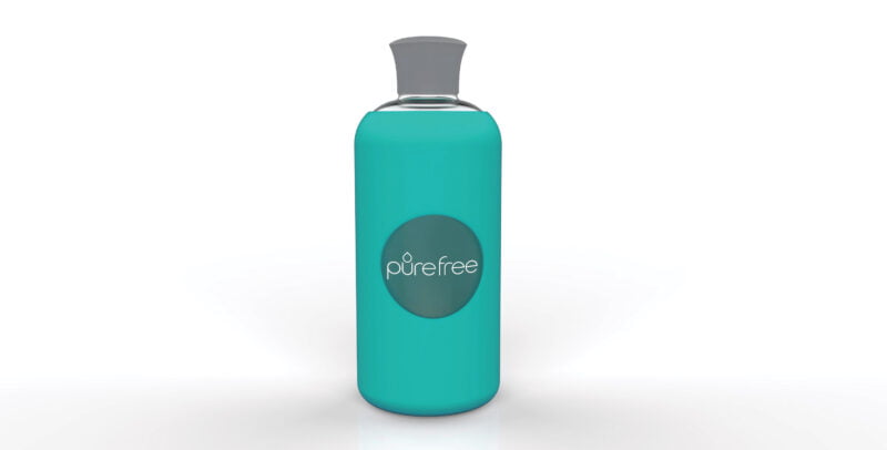 Reusable PureFree Amico glass water bottle. 500ml, with mint coloured silicon sleeve and silicon lid.