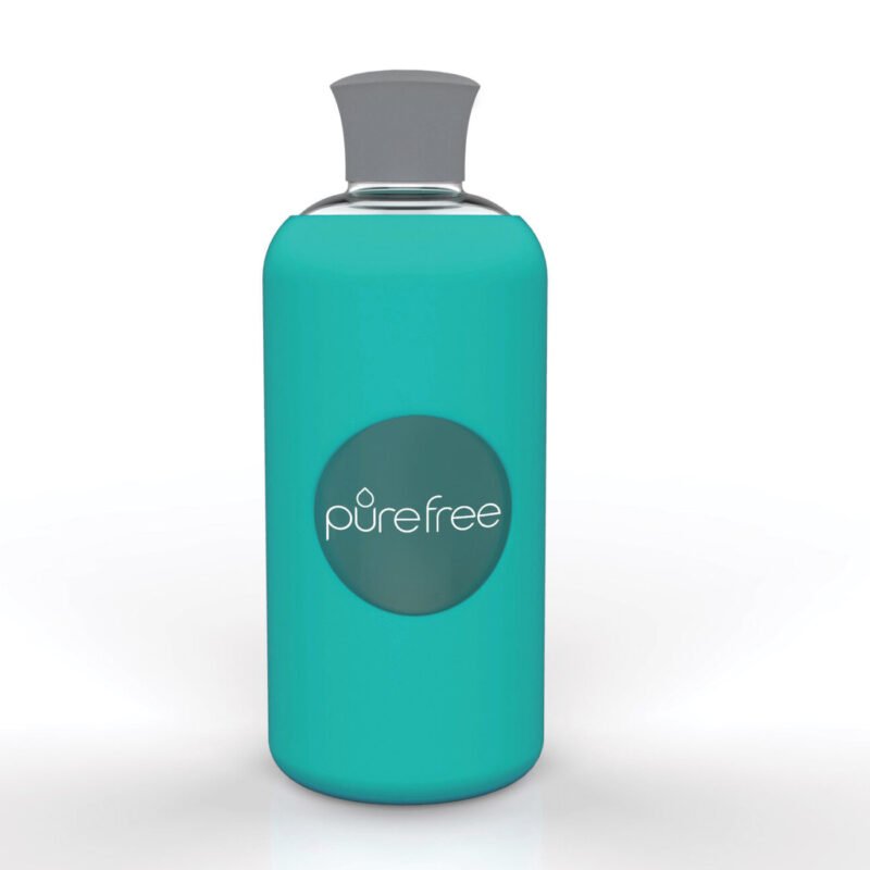 Reusable PureFree Amico glass water bottle. 500ml, with mint coloured silicon sleeve and silicon lid.