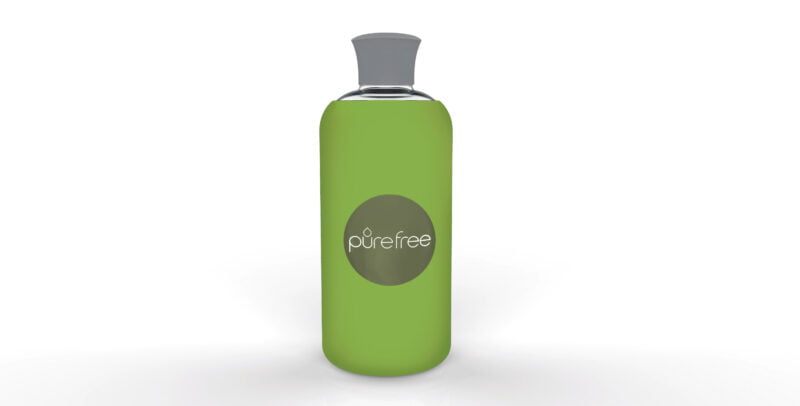 Reusable PureFree Amico glass water bottle. 500ml, with nature green coloured silicon sleeve and silicon lid. Smooth threadless mouth.