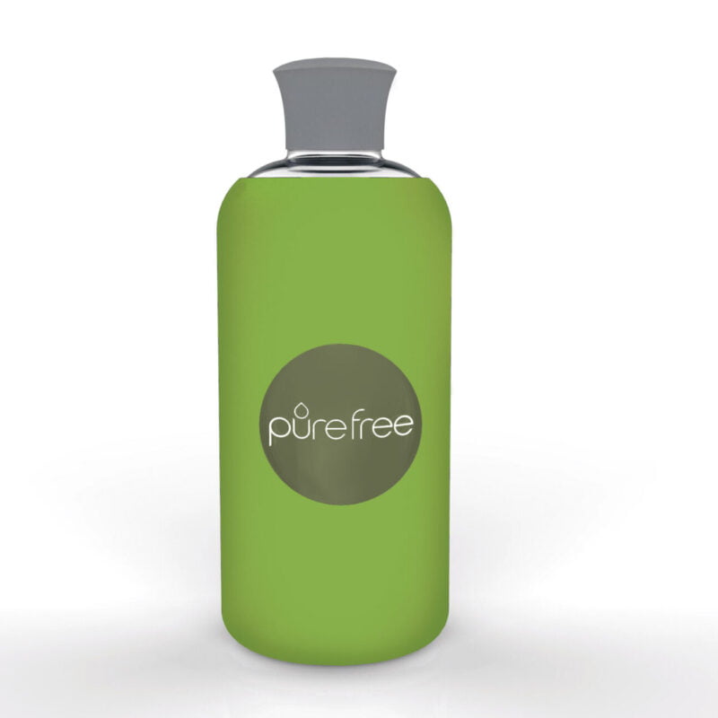 Reusable PureFree Amico glass water bottle. 500ml, with nature green coloured silicon sleeve and silicon lid. Smooth threadless mouth.