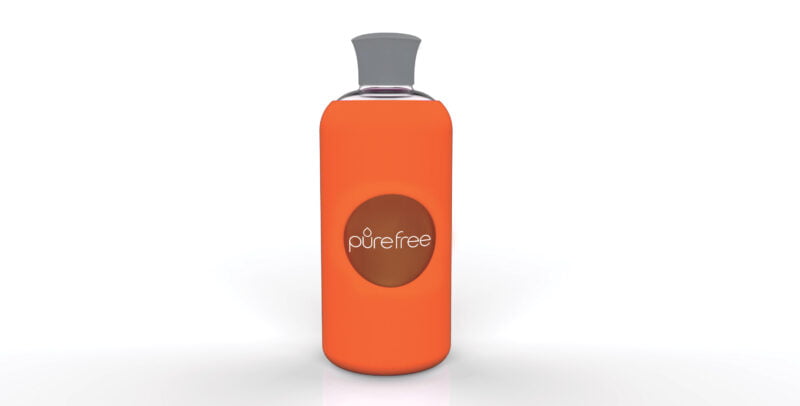 Reusable PureFree Amico glass water bottle. 500ml, with Orange coloured silicon sleeve and silicon lid. Smooth threadless mouth.