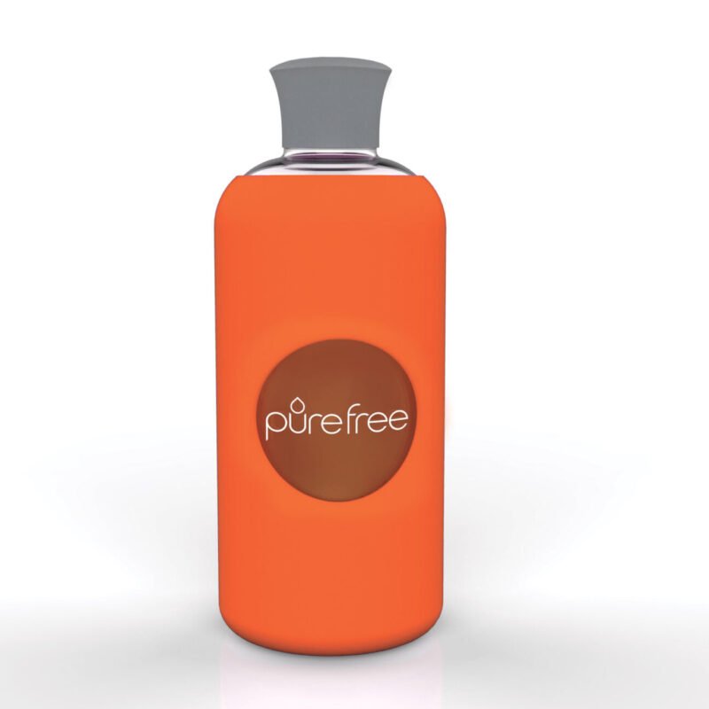 Reusable PureFree Amico glass water bottle. 500ml, with Orange coloured silicon sleeve and silicon lid. Smooth threadless mouth.