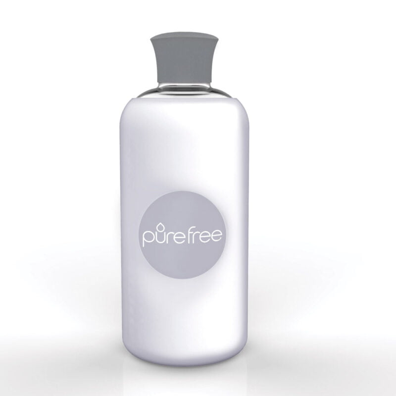 Reusable PureFree Amico glass water bottle. 500ml, with white coloured silicon sleeve and silicon lid. Smooth threadless mouth.