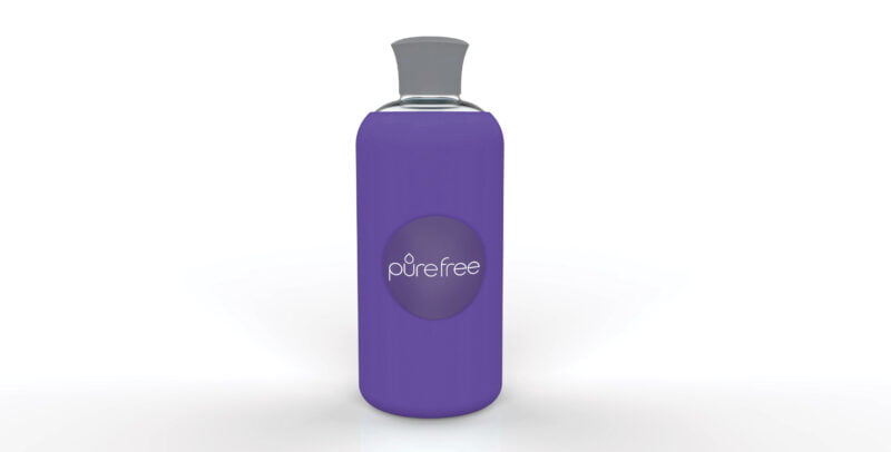 Reusable PureFree Amico glass water bottle. 500ml, with purple coloured silicon sleeve and silicon lid. Smooth threadless mouth.