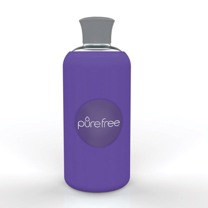 Reusable PureFree Amico glass water bottle. 500ml, with purple coloured silicon sleeve and silicon lid. Smooth threadless mouth.