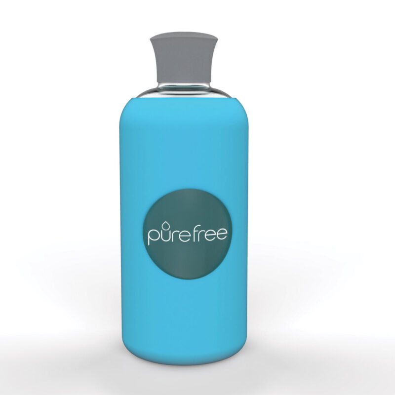 PureFree Amico Sky Blue reusable glass water bottle 500ml with silicon sleeve in bright blue
