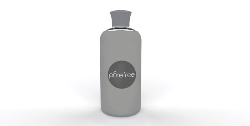 Reusable PureFree Amico glass water bottle. 500ml, with slate grey coloured silicon sleeve and silicon lid. Smooth threadless mouth.