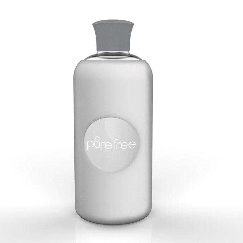 Reusable PureFree Amico glass water bottle. 500ml, with snow coloured silicon sleeve and silicon lid. Smooth threadless mouth.