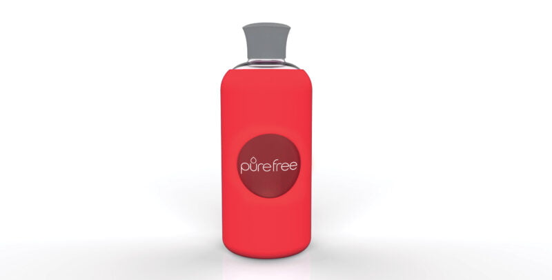 Reusable PureFree Amico glass water bottle. 500ml, with watermelon coloured silicon sleeve and silicon lid. Smooth threadless mouth.