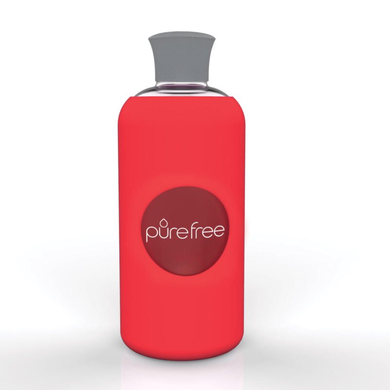 Reusable PureFree Amico glass water bottle. 500ml, with watermelon coloured silicon sleeve and silicon lid. Smooth threadless mouth.