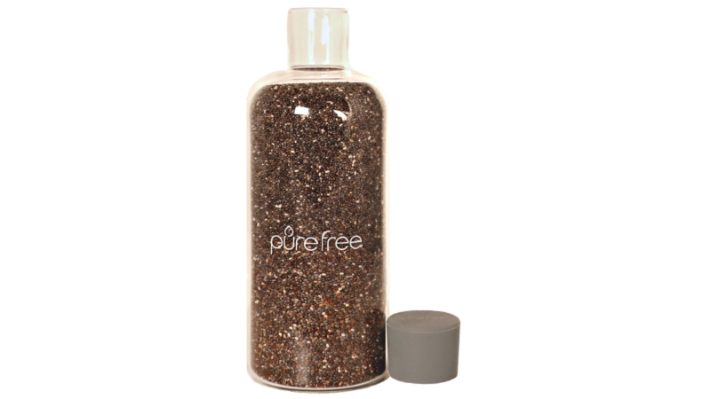 Glass storage and display bottle 500ml, with food grade silicon lid. Bottle contains chia seeds. Use for pantry or display in kitchen. Bottle has lid off to show smooth threadless mouth