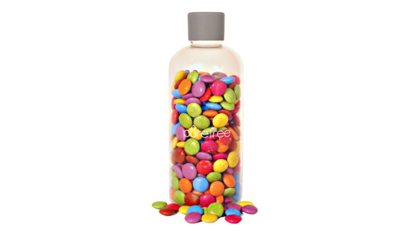Glass storage and display bottle 500ml, with food grade silicon lid. Bottle contains lollies. Use for pantry or display in kitchen. Easily and quickly access lollies and treats for Christmas or celebrations