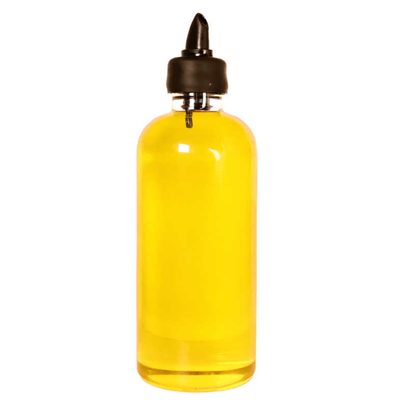 Glass bottle 500ml containing oil, with spout for pouring. Use for pantry or display in kitchen